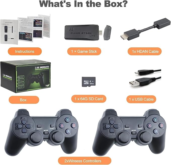 Retro Game Console - Retro Game Stick,2024 Upgrade Plug and Play Video Game Console Built in 25400+Games,4K HDMI Output,15 Classic Emulators,Dual 2.4G Wireless Controllers (64G Memory Card)