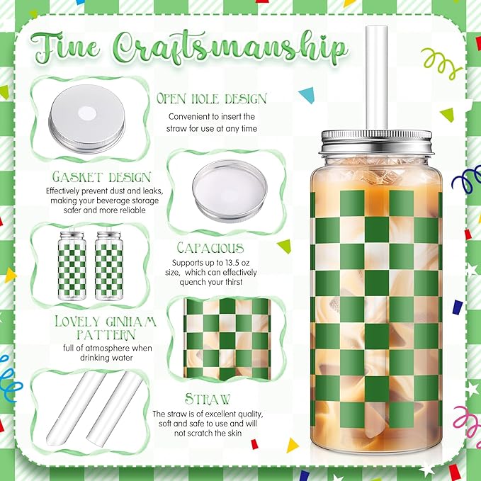 Patelai 24 Pack Sage Green Gingham Cups 13.5 oz Clear Green Checkered Plastic Cups with Lid and Straw Reusable Plastic Plaid Tumbler for Baby Shower Wedding Birthday Bachelor Party Supplies