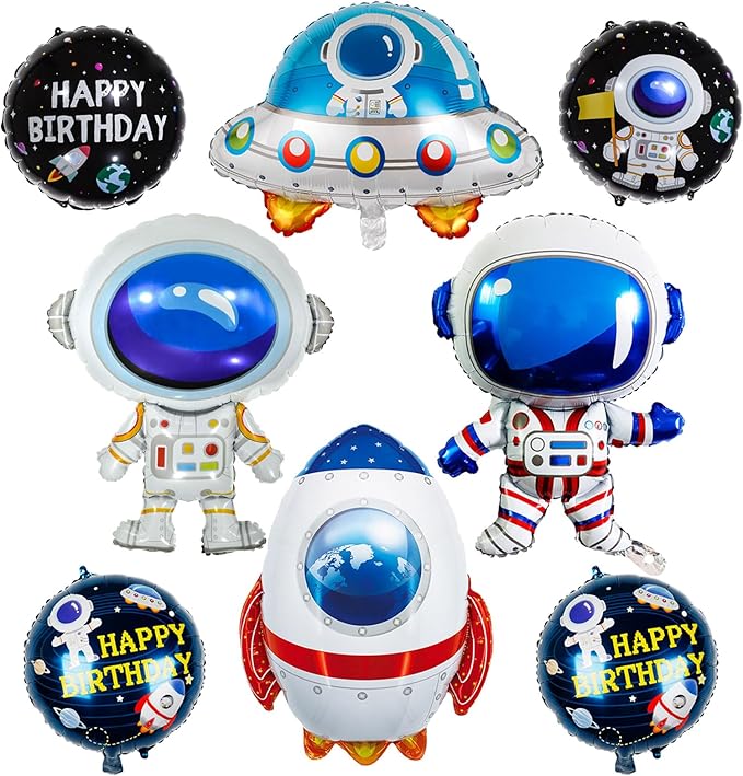 8 Pcs Space Balloons 33 Inch Astronaut Mylar Airship Planet Rocket Galaxy Foil Balloons for Outer Space Galaxy Themed Birthday Party Decorations
