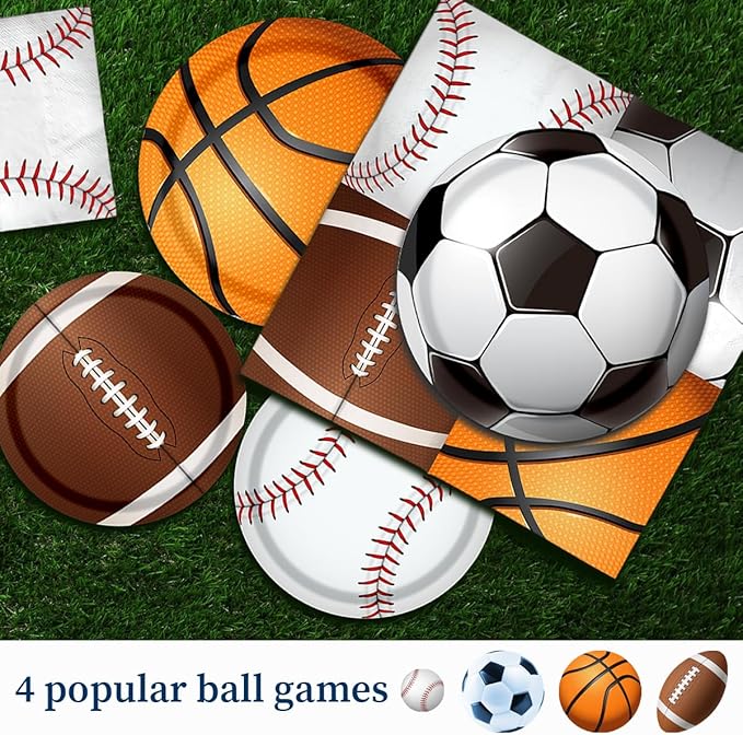 Sports Birthday Party Decorations-142Pcs Sports Theme Plates and Napkins Kit All Star Basketball Football Baseball Soccer Tableware Serves 20 Guests for Birthday Party