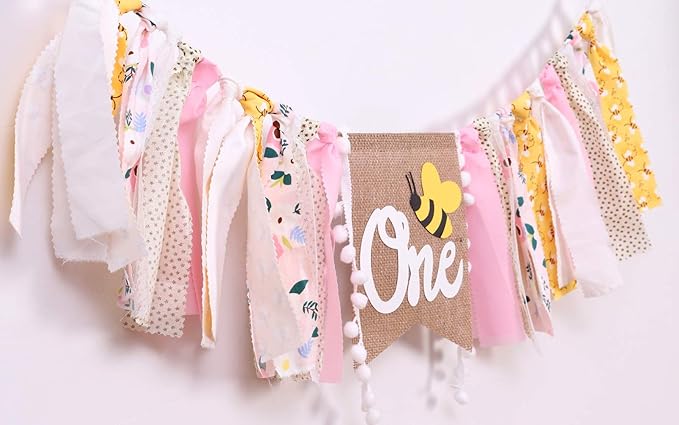 1st Happy Birthday Banner - Highchair Banner Tassels for Girl&Boy Birthday Party Decoration,Baby Birthday Photo Props Party Supplies(Bee)