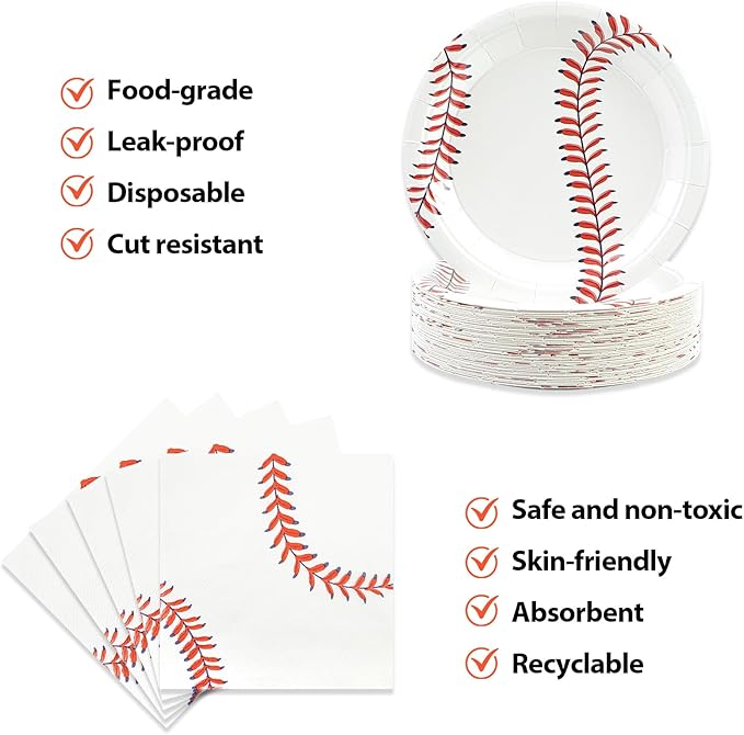 50pcs Baseball Plates and Napkins Party Supplies, Baseball Themed Birthday Party Decorations 7Inch Baseballs Dessert Plates Disposable Paper Dinnerware Tableware Set Baseballs Party Favors