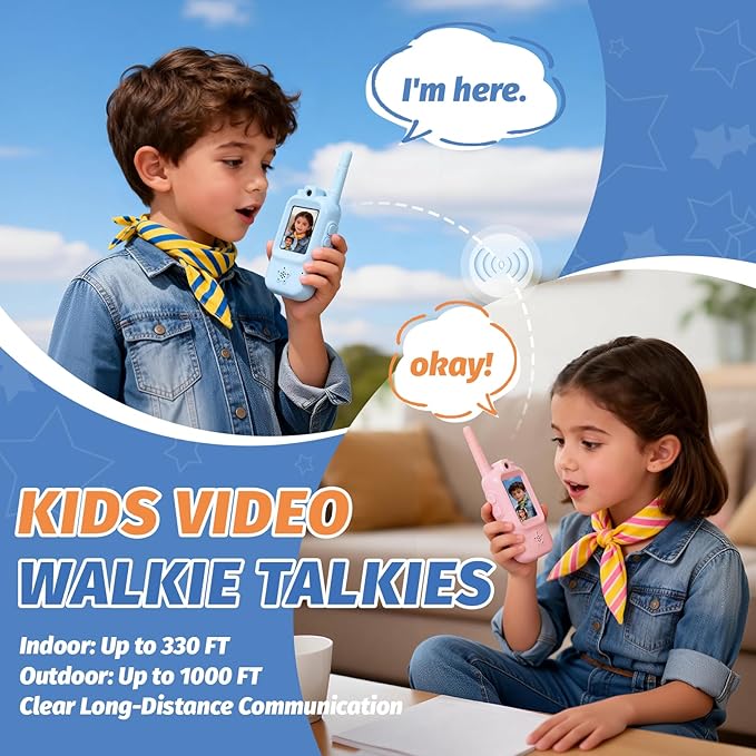 Walkie Talkies for Kids with Real-Time Video Chat, 2 Pack Rechargeable Two-Way Radios, Long Range & Voice Changer, Indoor Outdoor Adventure Toys for Boys Girls Age 3-12 (Cloud Blue & Sakura Pink)