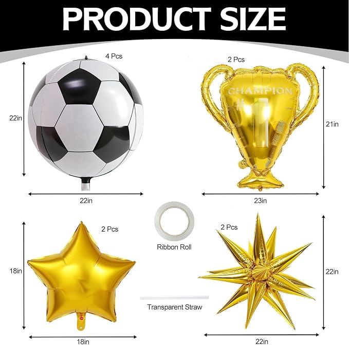 10 Pcs 4D Sphere Soccer Balloons Set with Golden Championship Trophy & Star Burst Balloon - Soccer Party Decorations for World Cup Parties, Sports Theme Birthday, Football Fans Party Decoration Supply