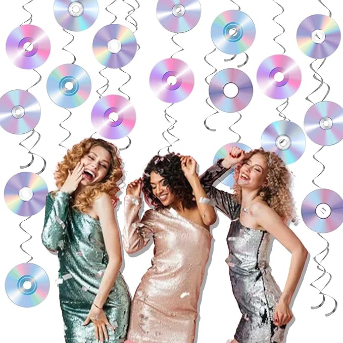 60pcs 90s CD Party Supplies Decorations CD Music Foil Ceiling Hanging Swirls Streams Party Banner Decor 2000s Y2K Disco Birthday Party Baby Shower Room Wall Decor