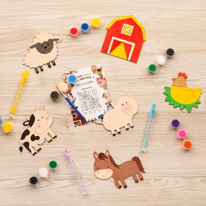 GEECOZYLIFE Farm Party Favors - 12 PCS Farm Animals with Art Supplies - Farm Barnyard Wooden Painting Kit with Bubble Wands - Kids Birthday Boys Girls Gifts Bulk