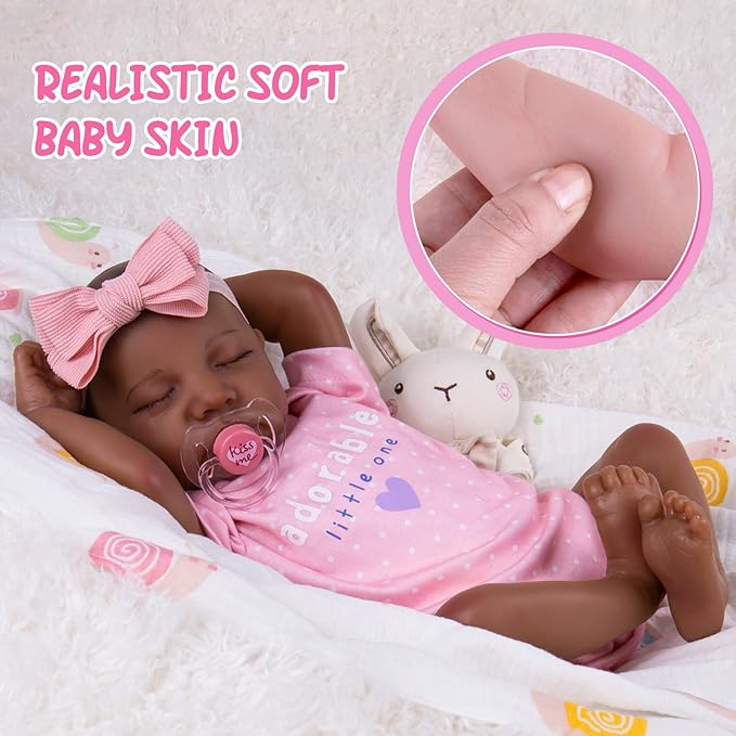 Aori Lifelike Reborn Baby Dolls Black - 18-Inch Realistic American Newborn Real Life Black Girl with Feeding Kit & Gift Box for Kids Age 3+