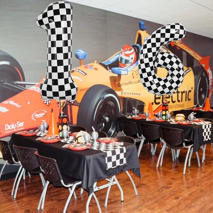 TONIFUL 40 Inch Checkered Number 1 Balloon 1st Race Car Birthday Party Supplies Black and White Large Number Balloon for Girls Boys 1st Birthday Fast Race Car Flag Party Decorations