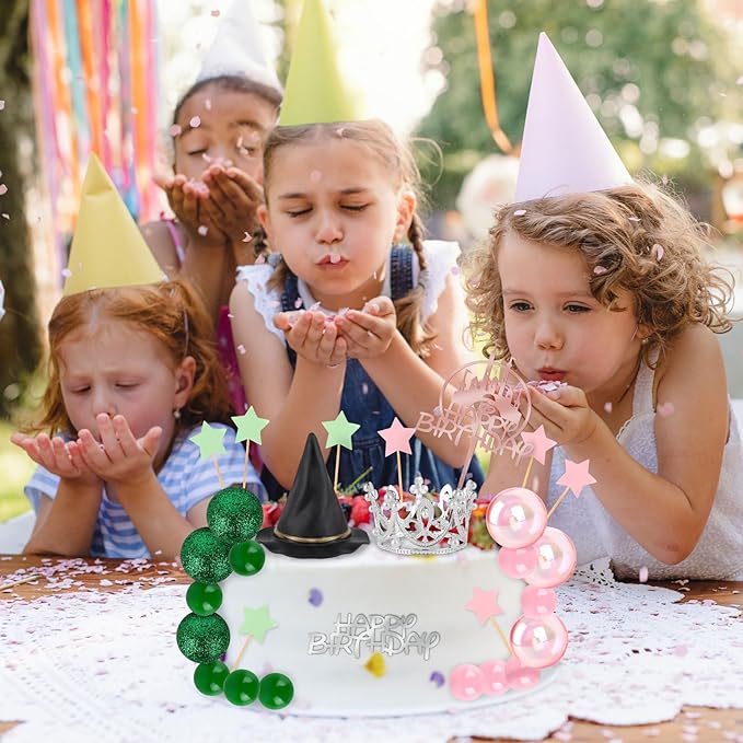33 Pieces Pink and Green Cake Decorations with Mini Black Witch Hat, Silver Crown, Balloons, Happy Birthday Cake Topper for Girls Women Princess Witch Birthday Party Decorations Supplies
