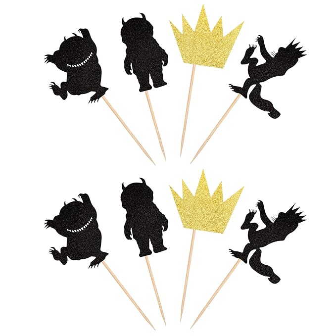 24 PCS Glitter Where The Wild Things Are Inspired Cupcake Toppers Wild one Crown Cupcake Picks Baby Shower Kids Birthday Party Cake Decorations Supplies