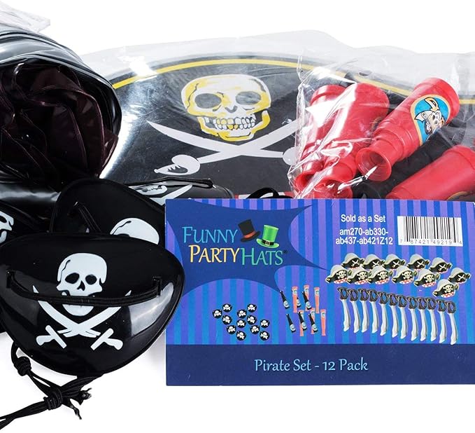 Funny Pirate Party Hats 48 PC Set – Pirate BirthdayParty Favors for Kids - 12 Pirate Hats, 12 Patches, 12 Swords, 12 Telescopes