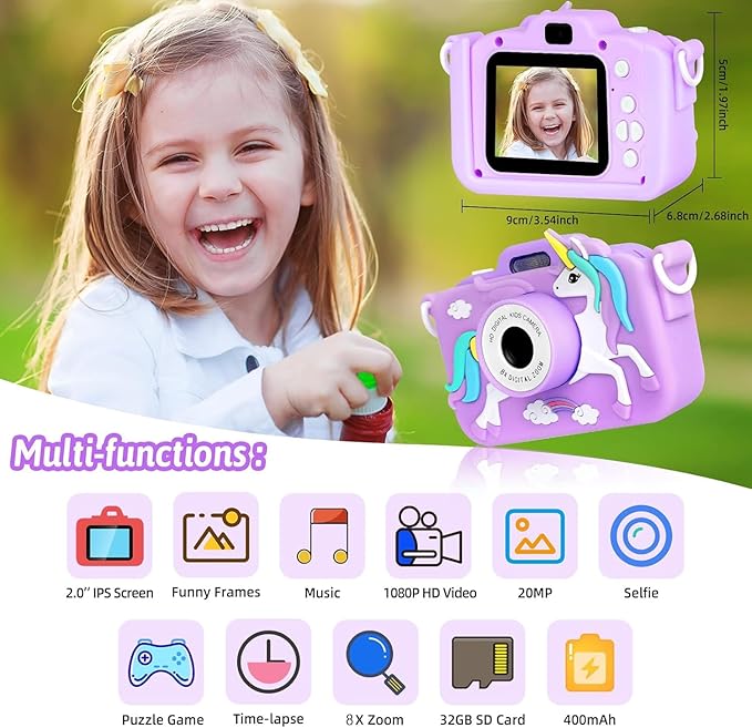 Unicorn Camera for Kids - Toddler Digital Selfie Camera with Silicone Cover, Flash and 32GB SD Card - Children Toy HD Video Kids Camera for Girls and Boys 3-12 Years - Purple