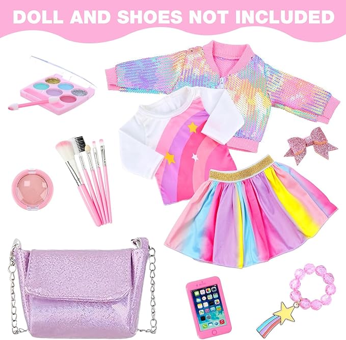 UNICORN ELEMENT American 18 Inch Doll Makeup Accessories and Clothes,Sequin Backpack Set for 18" Dolls Include Skirt Bracelet Hair Clip Phone and Makeup Sets（No Doll and Shoes