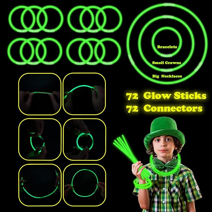 St Patricks Day Green Glow Sticks Party Favors 8'' 72 Pack Bulk,Saint Patrick's Light Up Necklace Gifts Toys for Kids,Non Candy Goodie Bags Stuffer Treats for Boy Girl,Party Bag Accessories Decoration