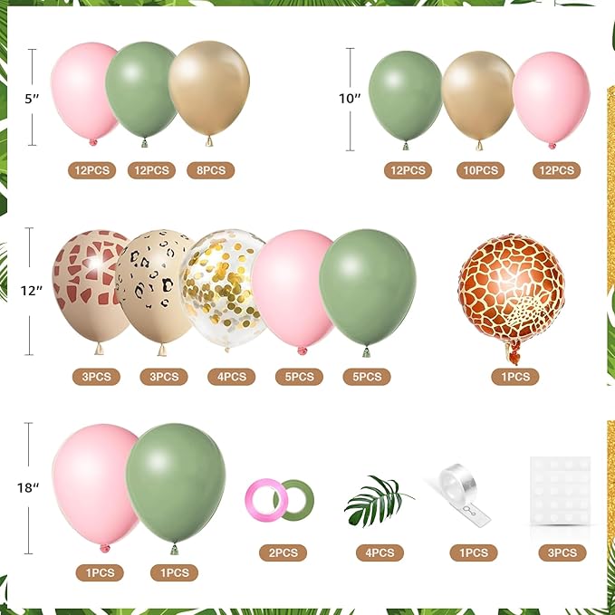 Jungle Safari Balloons Garland Arch Kit ，Animal Printed Pink Sage Green Balloons Wild One Giraffe Leopard Safari Decorations for Birthday Baby Shower Party Supplies