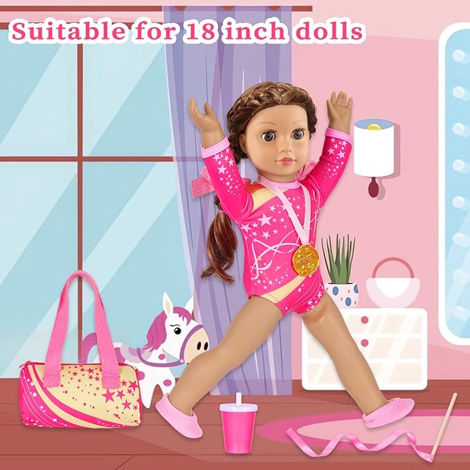 UNICORN ELEMENT 18 Inch Doll Gymnastics Clothes Set - Accessories for 18 Inch Dolls, Total 8 Pcs - Star Shaped Pattern Leotard, Gym Bag Headband, Gift for Girls (No Dolls)