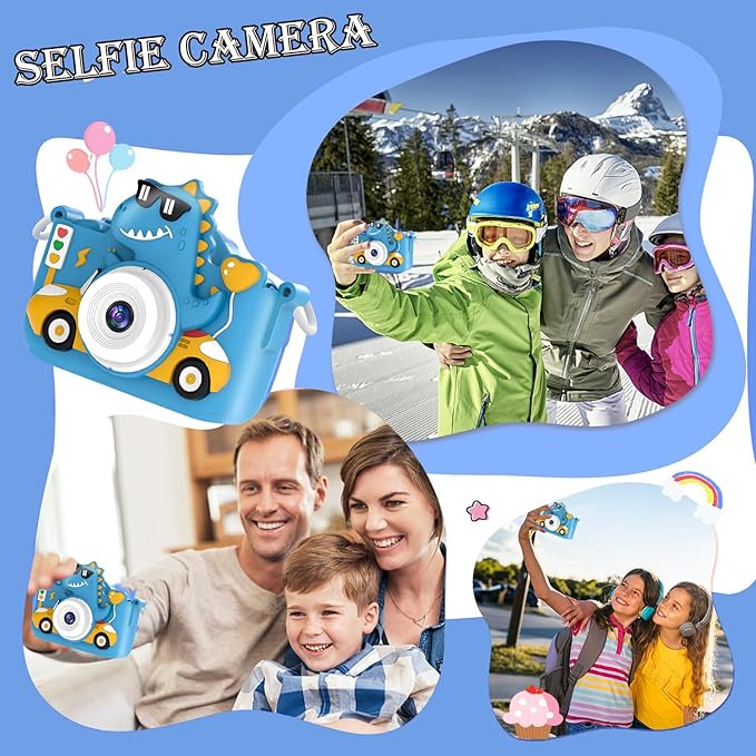 Kids Digital Camera, 1080P HD Video Camera for Toddlers with 32GB SD Card, Dinosaur Protective Case, Card Reader, Fun Selfie Toy Camera for Ages 3-12, Christmas/Birthday Gift for Boys & Girls (Blue1)