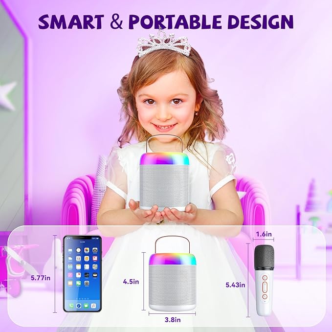 Mini Karaoke Machine for Kids, Portable Bluetooth Speaker with Wireless Microphones, Gift for Girls Toys 4, 5, 6, 7, 8, 10, 12+ Years Old Birthday Family Home Party(Y2-White-1 Mic)