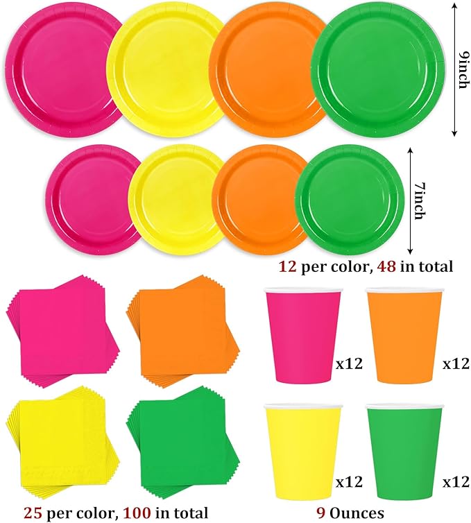 Whaline 244Pcs Neon Tableware Set Serves 48 Bright Color Disposable Dinnerware 48 9" Plates 48 7" Plate 48 9oz Cups 100 Napkins for Fiesta Neon Glow Party Supplies