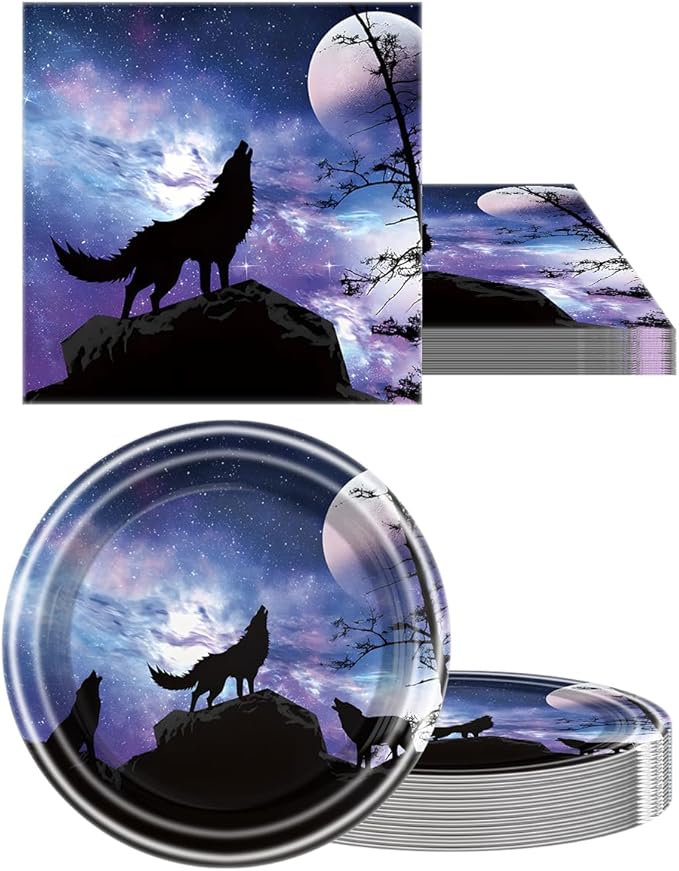 Wolf Birthday Party Tableware Set,20 Plates and 20 Napkins and Tablecloth 86 '' x 51 '', Wolf Animal Party Decorate Supplies