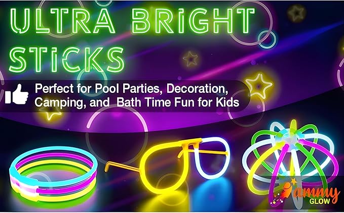 Ammy Glow-Glow Sticks-100 Pack Bulk Party favors for Kids-Neon Glow in The Dark Party Supplies - Eye Glasses, Glow Bracelets & Necklaces -Party Lights For Birthdays & Weddings-205 pcs