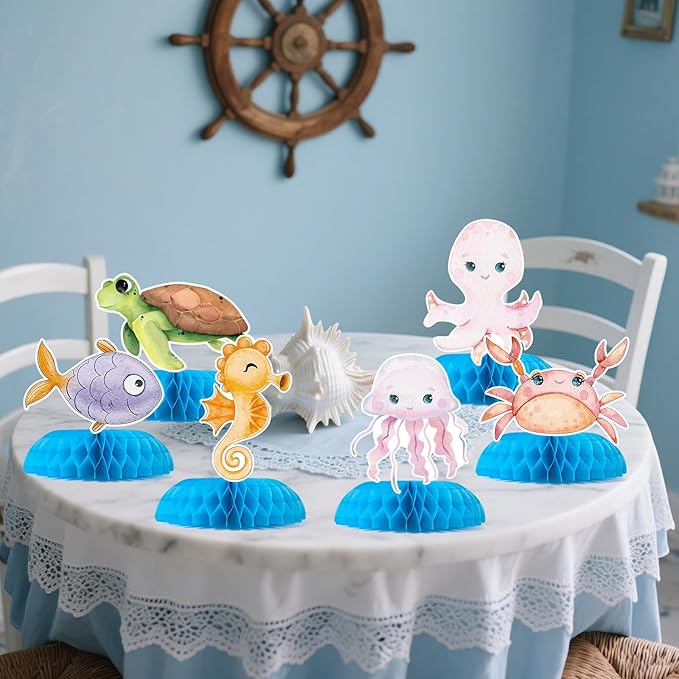 9 Pcs Ocean Animal Table Honeycomb Centerpieces, Ocean Theme Happy Birthday Party Decorations for Boys Girls Baby Shower, Standing Card Party Decor Party Supplies