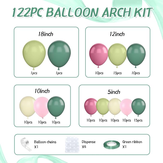 Pink and Green Balloon Arch Kit,122Pcs Sage Green Dusty Rose Red Macaron Pink Yellow Matte Balloons for Flower Birthday Bridal Wedding Engagement Baby Shower Anniversary Party Decorations