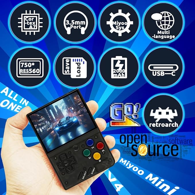 Miyoo Mini V4 Handheld Game Console 2.8-inch 750*560 IPS Screen 2000mAh Miyoo-mini v4 with Portable Case Transparent Black