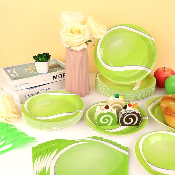 Qyeahkj 50 Guests Tennis Plates and Napkins Party Supplies Tennis Ball Birthday Party Decorations Disposable Tableware Set Sports Dinnerware Favor for Kids Baby Shower Decorations, 200PCS