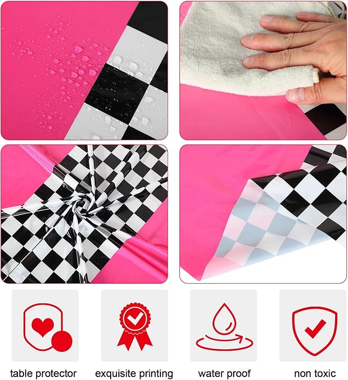 Oudain 3 Pcs Cars Birthday Party Supplies Racing Party Decorations Round Racing Tablecloth Checkered Flag Table Covers Road Plastic Table Cloth, 1950s Disco Dancing Party Tablecloth (Pink)