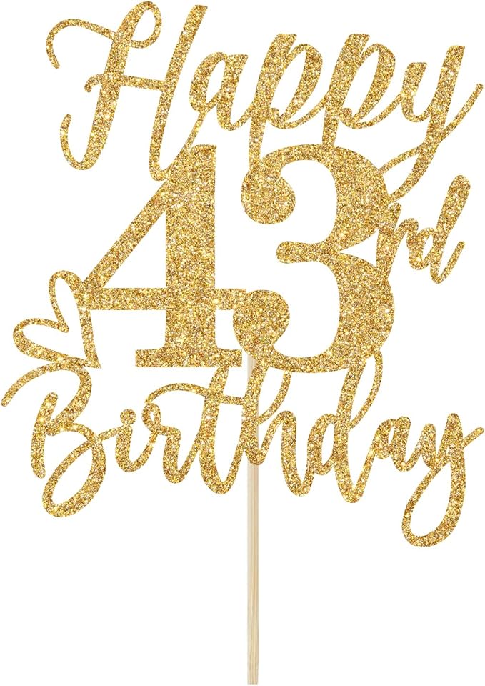 Happy 43rd Birthday Cake Topper, 43rd Birthday Decorations, Cheers to 43 Years, Hello 43, 43rd Happy Birthday Party Supplies Gold Glitter