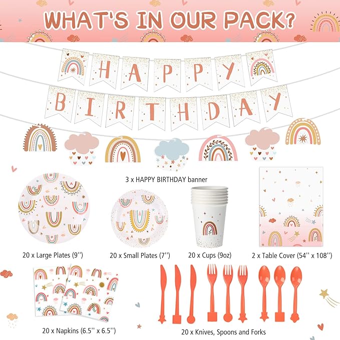 Hestya 145 Pcs Boho Birthday Party Supplies Include Rainbow Plates Tablecloth Cups Napkins Knives Forks Spoon Boho Happy Birthday Banner for Rainbow Baby Shower Party Decoration Supplies for 20 Guests