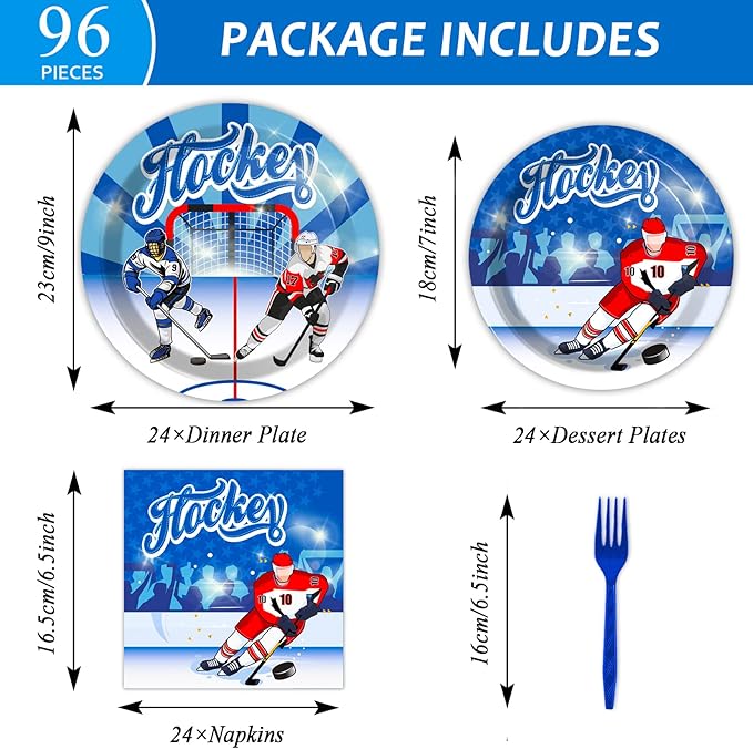 Wiooffen 96pcs Hockey Party Supplies Ice Hockey Birthday Party Plates Napkins Set Disposable Tableware Kit Birthday Party Sport Events Decorations Favors for Kids, Serve 24
