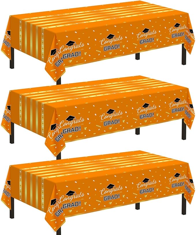 Childom 3 Pack Graduation Tablecloth,Graduation Decorations Class of 2026 Graduation Party Decorations,54"x108" Orange and Gold Plastic Table Cloth Disposable Rectangle for Home,School,Party Supplies
