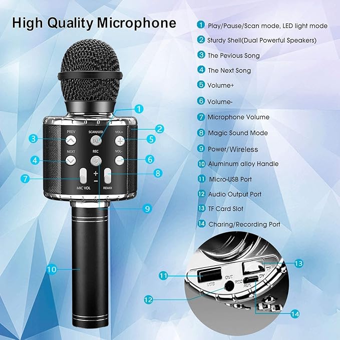 ShinePick Karaoke Microphone, 4 in 1 Wireless Microphone with LED Lights Handheld Portable Karaoke Machine, Home KTV Player, Compatible with Android & iOS Devices(Black)