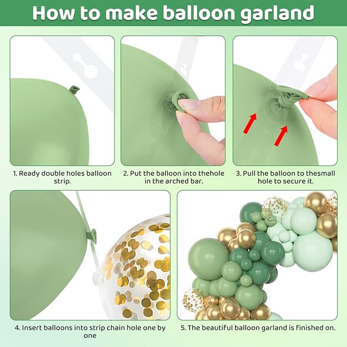 Amandir 148pcs Sage Green Balloon Garland Arch Kit, Different Sizes 18 12 10 5 inch Sage Green Gold Latex Metallic Confetti Gold Balloons St. Patrick's First Communion Safari Baptism Decorations