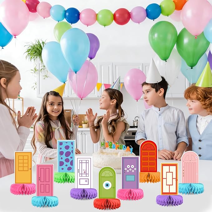 9 Sets Monsters Birthday Party Supplies Colorful Door Honeycomb Centerpieces Door Shaped Honeycomb Balls Table Centerpieces Set Monster Party Decorations Honeycomb Decor for Baby Shower Holiday Home