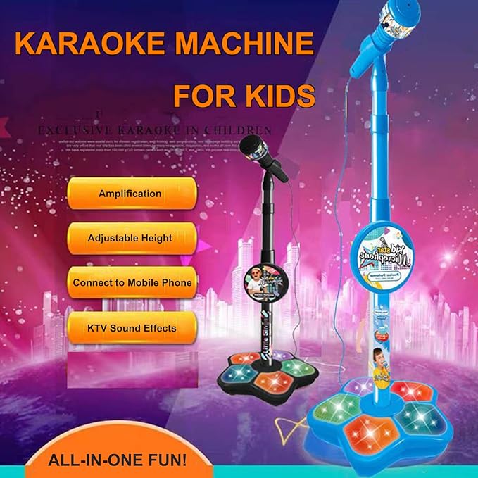 Karaoke Machine for Kids, Wireless Kids Microphone with Stand, Kids Star Microphone with Adjustable Stand & Led Lights, Battery Powered, for Girls Boys Singing Interaction (Blue)