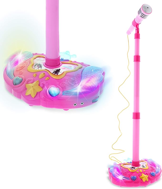 Mozlly Super Star Kids Karaoke Machine with Microphone Stand Playset - Pink Microphone with Stand with Built-in Jack and Speaker for MP3 Player, Singing Toys for Girls and Boys with Music and Light