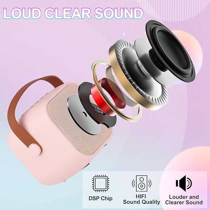 Karaoke Machine for Kids Adults, Mini Portable Bluetooth Karaoke Speaker with 2 Wireless Microphone and Lights,Toys for All Smartphones,Birthday, Family,Home Party Pink