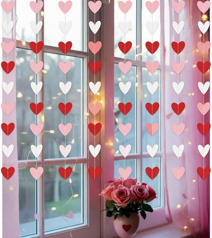 Capoda 8 Pcs Valentine's Day Garland Decorations Red Pink White Heart Garland Banners Solid Outlined Romantic Hearts Hanging Banners for Sweet Day Birthday Wedding Anniversary Party Supplies