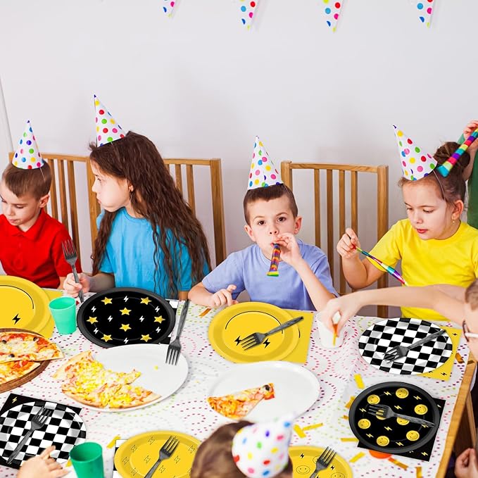 96Pcs Smile Face Birthday Party Decorations One Happy Dude Yellow Smile Face Paper Plates Napkins Lightning Star Checkered Tableware Dinnerware Supplies for Birthday Baby Shower Wedding Party Favors
