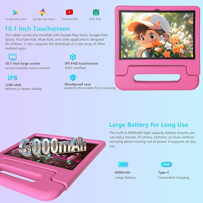2025 Latest 10.1 inch Kids Tablet Android 15 Tablets for Kids with EVA Protective Case 8GB RAM 64GB Storage Toddler Tablet, Parental Controls, 12-hr Battery, WiFi, GPS, Pink