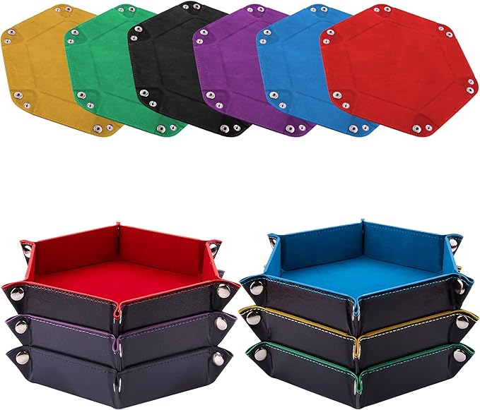 SIQUK 6 Pieces Dice Tray Hexagon Dice Rolling Holder Folding PU Leather Dice Trays for Dice Games Like RPG, DND and Other Table Games(Red, Blue, Violet, Black, Green, Yellow)