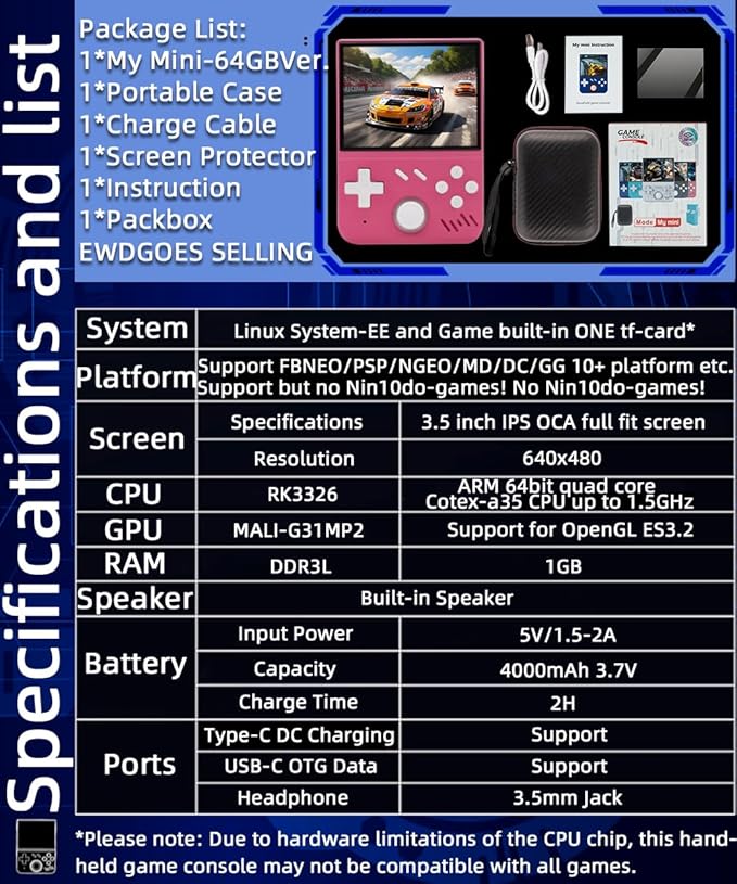 EWDGOES My Mini Handheld Game Console 3.5-in 640 * 480 IPS OCA Screen RK3326 4000mAh with Portable Case Pink-64GBVer.