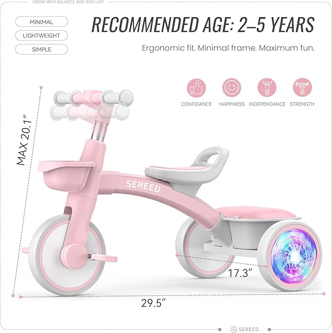 SEREED Colorful Lighting Toddler Tricycle for 2-5 Years Old Girls, Adjustable Seat&Handlebar Trike, Removable Basket, Birthday Gift Idea for Kids Ages 2+ (Pink)