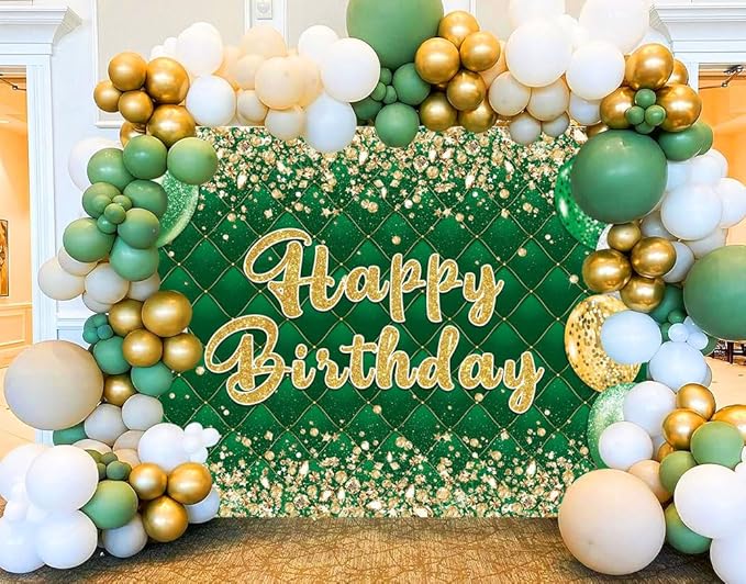 Green Gold Birthday Banner Backdrop Gold and Green Glitter Happy Birthday Photography Background Men Women Kids Party Decoration Photo Supplies (Green, 82x59inch (7x5FT))