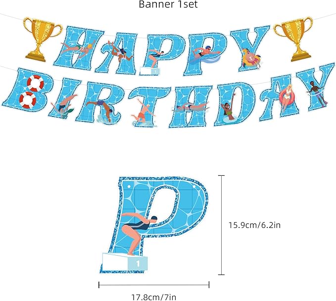 Swimming Birthday Party Supplies Swimming Party Decorations Include HAPPY BIRTHDAY Banner Balloons Cake Topper Cupcake Toppers Swimming Birthday Party Decorations