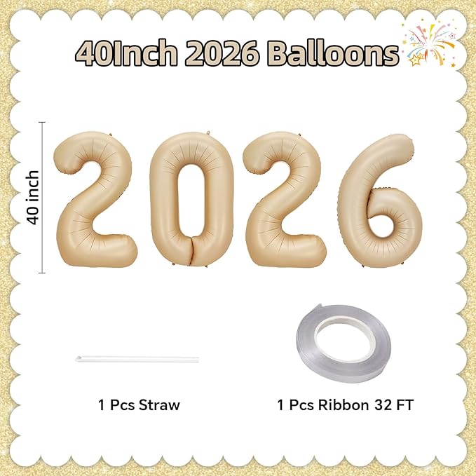 KALOR 42 Inch 2026 Caramel Foil Mylar Number Balloons, 2026 New Years Decorations for 2026 Happy New Year Eve and Graduations Party Supplies
