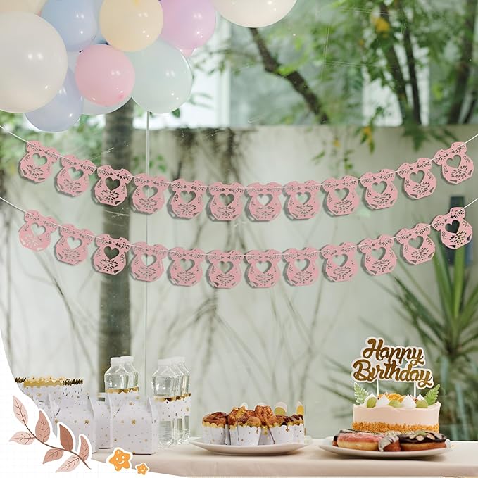 2 Pack Cielito Lindo Papel Picado Baby Shower Banner Decoration, Mexican 24 Pcs Bodysuit Card with Hanging String Fiesta Garland for Gender Baby Shower Party Supplies(Sweet Color)